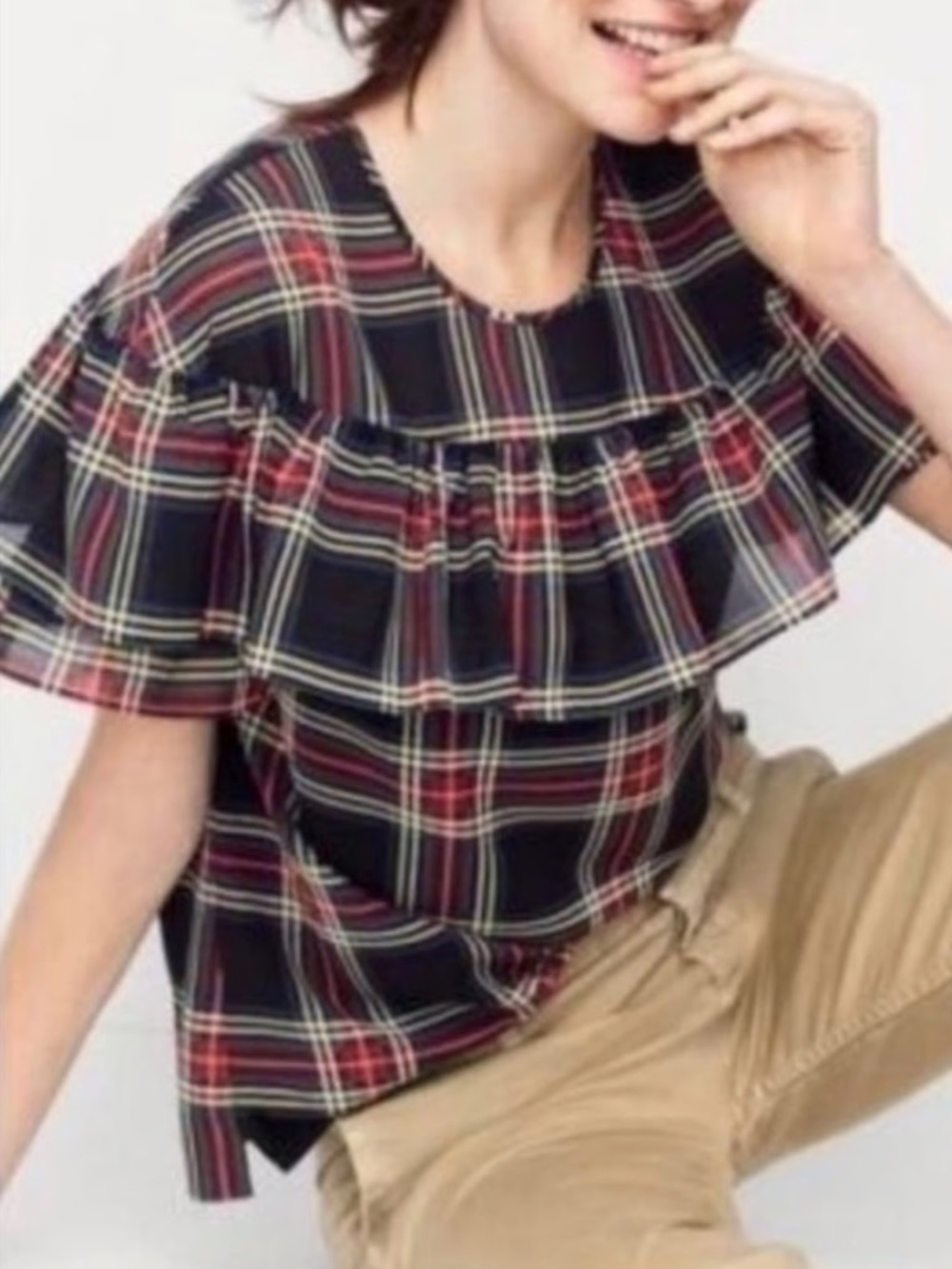 J Crew Edie Stewart Plaid Ruffle Top Black Red Green Blouse Tartan Top Size 12 L